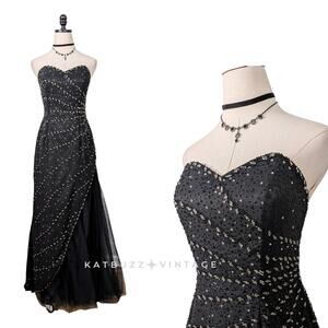 Vintage Silk Prom Dress Maxi Ball Gown 8 Black Bead Asymmetric Glam 90S Y2K